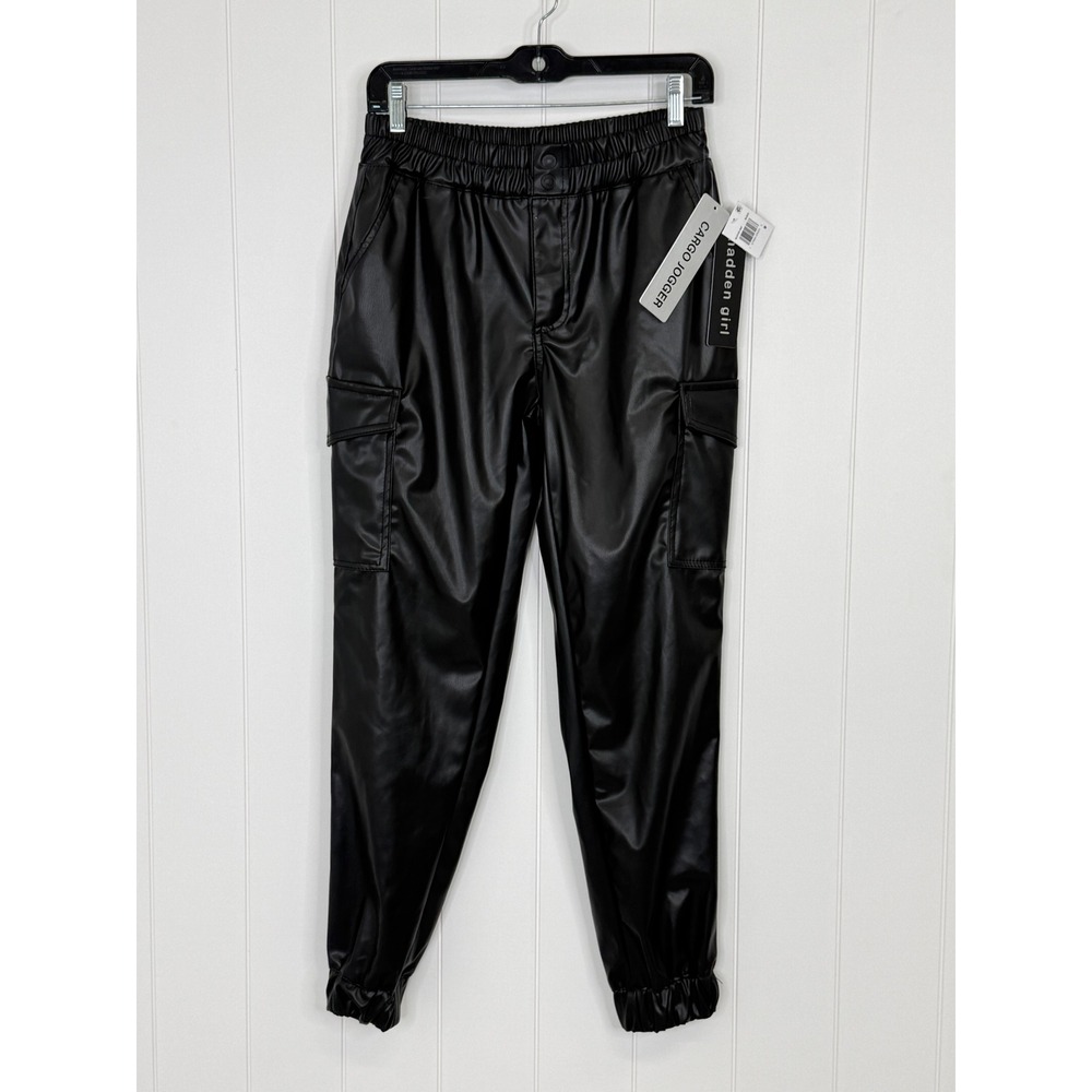 Madden Girl Black Faux Leather Cargo Jogger NWT Women Size M Edgy Streetwear